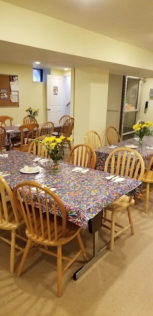 Basement tables set with flowers