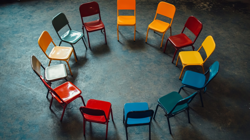 Colorful chairs set in a circle.